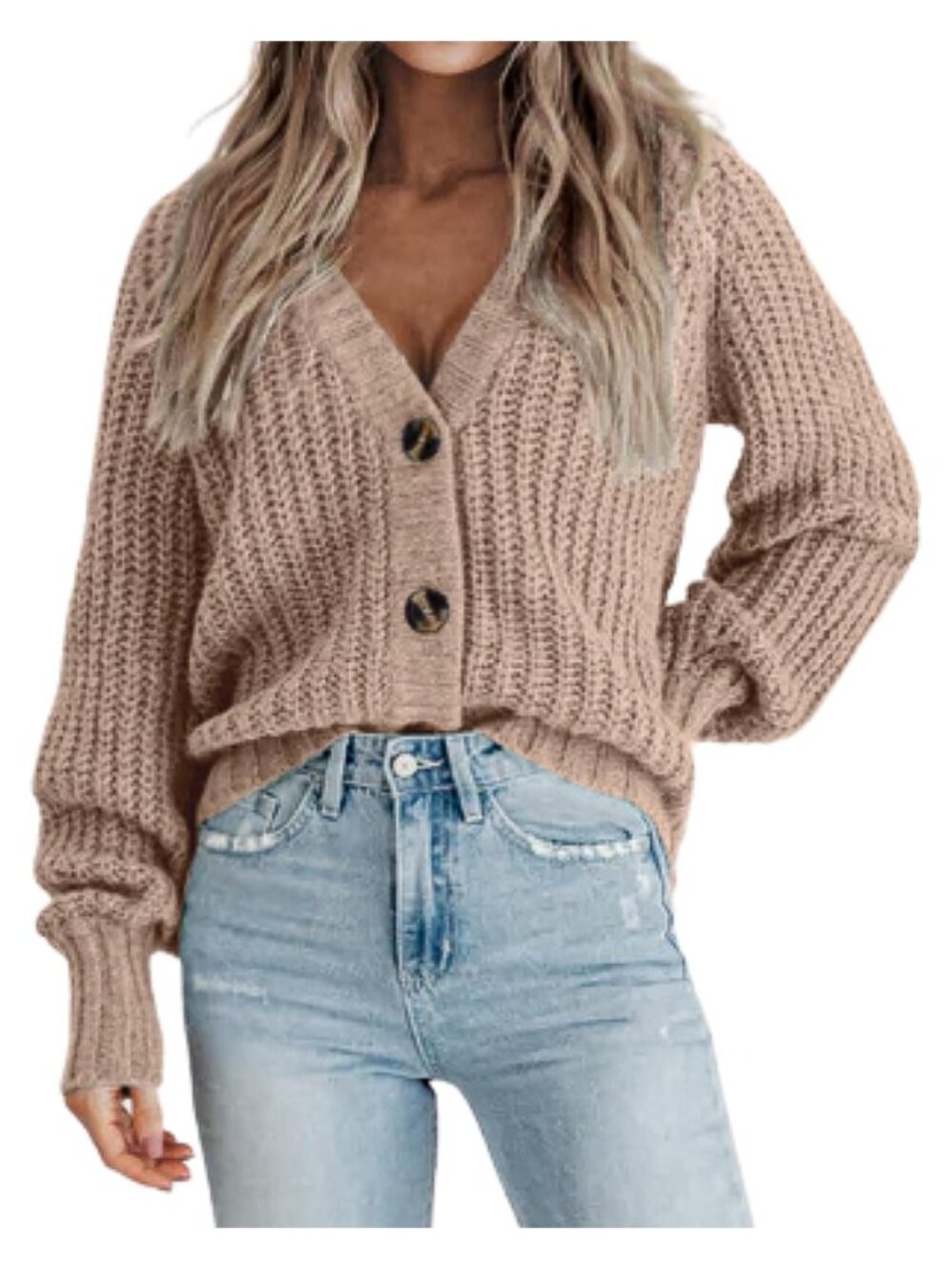 Chunky Knit Cardigan Long Sleeve V-Neck Button Down Ribbed Sweater